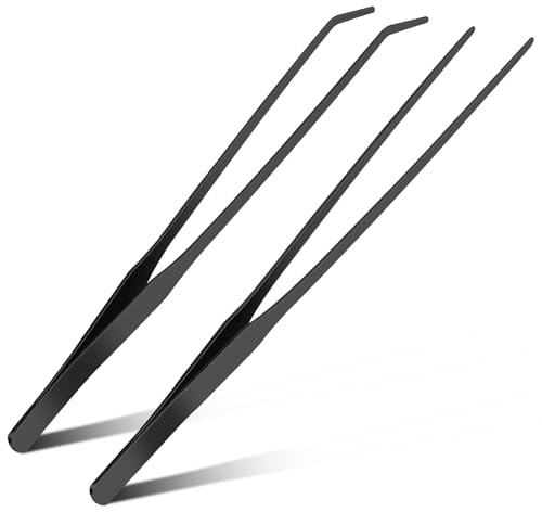 2pc-10.6Aquarium Tweezers,Stainless Steel Straight and Curved Tweezers Set,Long Handle Reptile Feeding Tongs for Lizards, Bearded Dragon Snake Tank Accessories (Black)