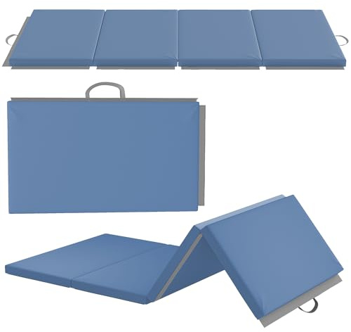 HOMCOM Tapis de gymnastique pliable, tapis gymnastique épais, 180 x 80 x 5 cm, avec poignée, tapis de sol pour yoga, mma, sport, fitness, pilates, revêtement synthétique, bleu clair