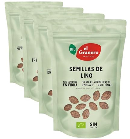 El Granero Integral - Semillas de Lino BIO - 500 Gr - Fuente de Proteínas y Ácidos Grasos Omega-3 - Ricas en Fibra y Antioxidantes - Regulan el Azúcar en la Sangre - Aptas para Veganos (Paquete de 4)