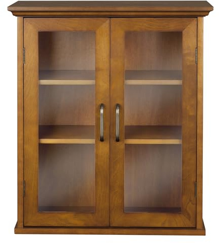 Teamson Home Avery Wooden Over The Toilet Bathroom Removable Wall Medicine Cabinet with 2 Adjustable Shelves 3 Storage Spaces 2 Glass-Paneled Doors and Antique Brass Knobs, Oiled Oak