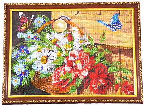 Handmade Embroidered Floral Bouquet Beaded Art Hand Stitched Wedding gift Country Farmhouse Style Decor