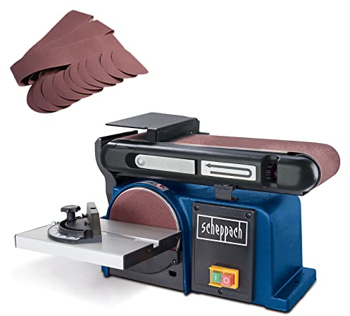 Scheppach Band -& Tellerschleifer BTS800 Bandschleifer inkl. 12 tlg. Schleifset | 370W Leistung | Bandlänge 715mm - Breite 100mm | SchleiftellerØ 150mm | 90°-45° verstellbarer Tisch | AbsaugungØ 63mm