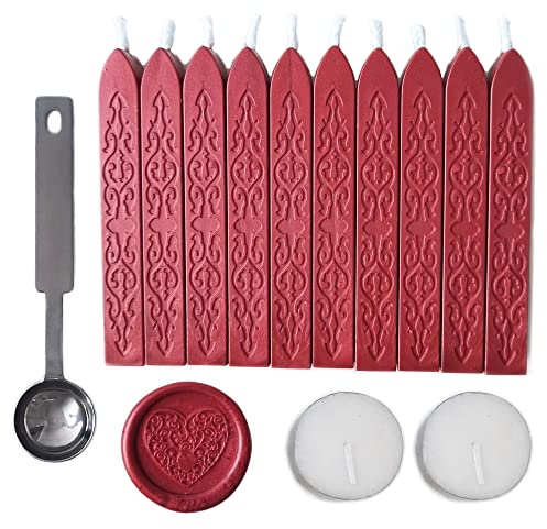 Sealing Wax Sticks with Wick, AMTOL 10 PCS Wax Seal Sticks with 2 Pcs White Candles and 1 Pcs Wax Melting Spoon, for Wedding Invitations,Cards Envelopes and Seal Stamp (New wine red)