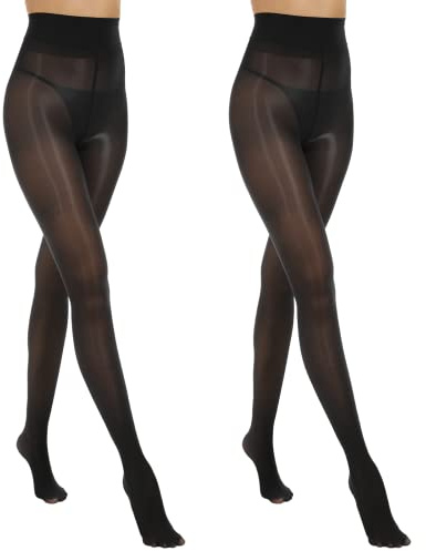 MANZI 2 Pairs Women's Shiny Sheer Tights High Waist Silk Comfort Stockings Oil Shimmery Nylons Pantyhose Black S-M