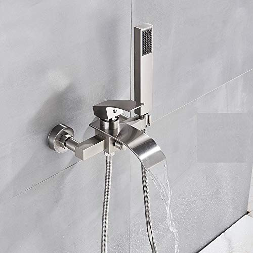 UNLOU Chrome Bathtub Faucet Brass Wall Mounted Waterfall Tub Spout Bathroom Shower Faucets Crane With Handshower Cold Hot Mixer Taps,Brushed Nickel C