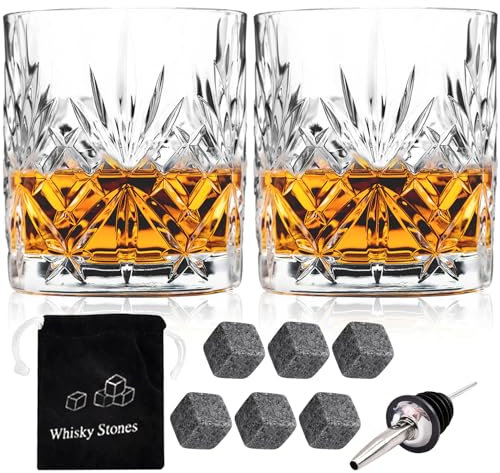SuproBarware Juego de 2 vasos de whisky vintage de 300 ml, vasos de cristal sin plomo, whisky escocés, bourbon, brandy, ron, cóctel, cristalería, bar, fiesta, regalo para hombres