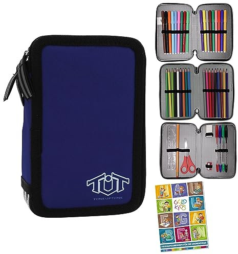Goldkids Federmappe Federtasche Federmäppchen XXL Schüleretui Federtasche Federpenal Schulmäppchen ToneUpTone dunkelblau schwarz 3 Fächer 45-teilig gefüllt inkl Hausaufgabenheft