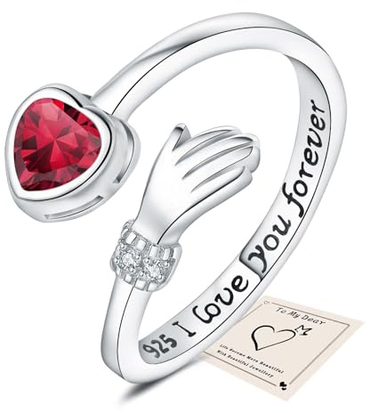 Silver Hug Rings, Love Heart Thumb Rings for Women Adjustable Cubic Zirconia Open Ring I Love You Forever Engraved Words Sister Friendship Gifts with Gift Card & Box, Red Stone