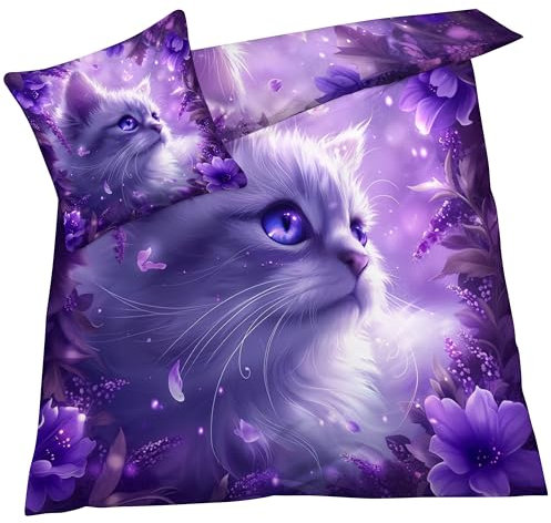 YELDAN Katze Bettwäsche 140x200 Winter, Lila Tiere Bettbezug 140x200 2er Set, Wendebettwäsche und Kissenbezug, Weiche & Atmungsaktive Mikrofaser Bettwäsche-Sets