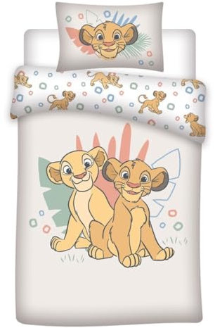 Parure de Lit Le Roi Lion, Lit Junior ou Bébé, Housse de Couette 100x140 cm + Taie d'oreiller 40x60 cm, 100% Coton
