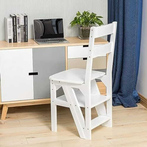 Drsyffsup Solid Wood Folding Library Ladder Chair White Step Ladders Rack Step Chair Foldable 4-Step Stool Dual Purpose Stepladders Home Multi-Functional Climb Ladder Stool Flower Stand