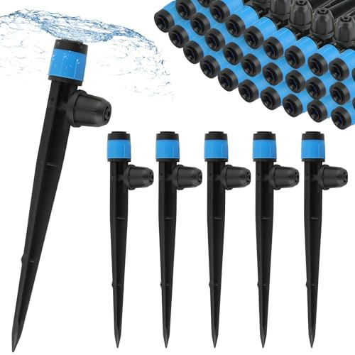 Kalolary 50PCS 1/4 Drip Irrigation Drippers with Lock 4/7mm Tube (Blue) | Drip Irrigation Emitters Adjustable 360 Degree Vortex Water Flow Sprayer Micro Spray Drip System Parts for Lawn Yard Pot