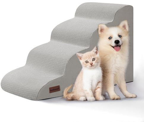 4-stufige Hundetreppe und Rampe für Betten oder Sofas, rutschfeste, stabile Haustiertreppe für kleine Hunde und Katzen, 44,2 cm hoch, Hellgrau