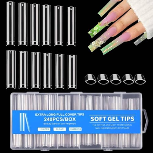 MtnLaur 240Pcs Capsules Ongles Longues Carrées, Extra Long Bouts Ongles Carrés, 12 Tailles No C Curve Ongle Extensions, Transparents Acrylique Capsules Ongles, pour Débutant et Salon Professionnel