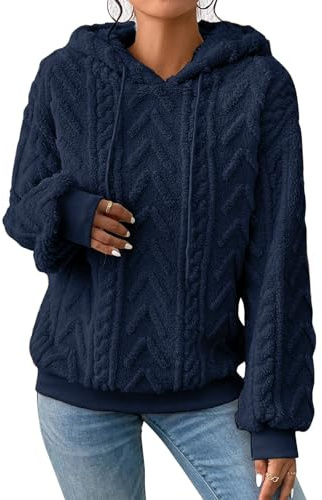 Zetieny Donna Felpa con Cappuccio in Pile Pullover Jacquard a Maniche Lunghe Top Casual Oversize con Coulisse