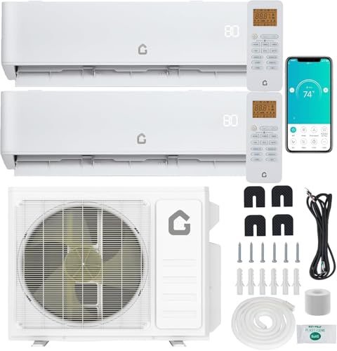 GarveeLife 20000 BTU Two-Zone Mini Split Air Conditioner ，20 SEER2 208/230V Wall-Mounted Inverter w/ R454B Refrigerant，12000+12000 BTU WiFi mini split ac cooling/heating system for 1100 Sq.Ft