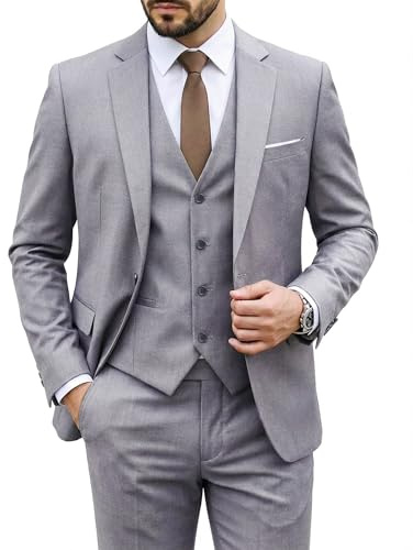 MY'S Men's 3 Piece Slim Fit Suit Set, One Button Solid Jacket Vest Pants with Tie Light Grey