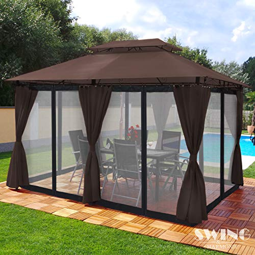 Luxus Pavillon 3x4m Minzo - inklusive Seitenwände Gartenpavillon Partyzelt Gartenzelt (mit Moskitonetz, braun)