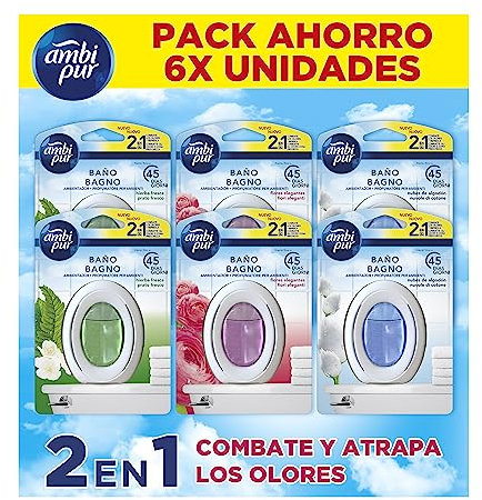 Ambipur Ambientador Casa para Baño (6 x 45 dias) Fragancia de Flores Elegantes, Hierba Fresca y Nubes de Algodon, Mega Pack