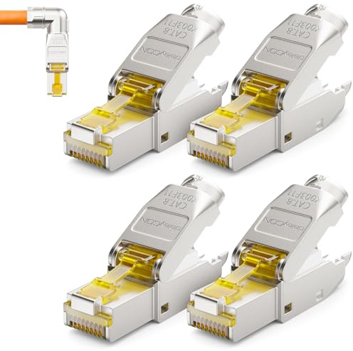 deleyCON CAT 8 Netzwerkstecker 90° Winkel RJ45 40 Gbit/s, 4 Stück | Werkzeuglos, geschirmt, für starre Verlegekabel, Rohkabel, Steckverbinder RJ45 Ethernet LAN DSL Patchkabel