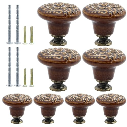 Suiwotin 8pcs Brown Ceramic Knobs, Vintage & Retro Dresser & Cabinet Knobs, Decorative Drawer Pull Handles