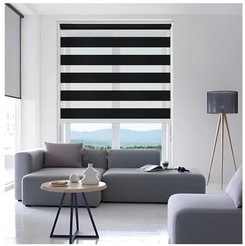 Ruby Deals Zebra Blinds Day & Night Roller Blind – Dual Layer Fabric Window Blinds, Light Filtering, No Drill or Drill Fit Blinds Curtains for Windows and Doors, (Black W94 x H165 cm)