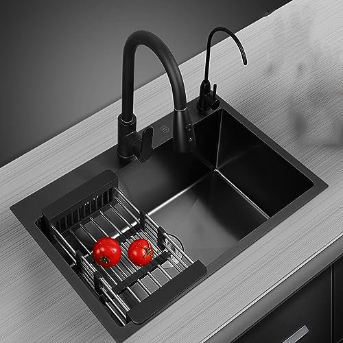 Kitchen Sink Black Nano 304 Stainless Steel Handmade Sink Single-slot Kitchen Under-counter Basin Washbasin Large Washbasin (600x450mm)