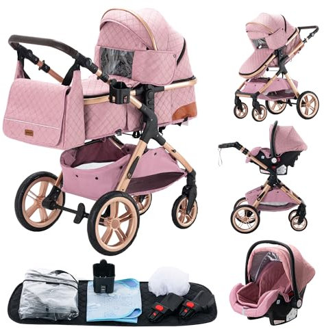 YAZOCO kinderwagen 3 in 1 Buggy Babybett Komplett Set Einem Klick Zusammenklappbarer Kinderwagen, KombiKinderwagen Aluminiumrahmen für Neugeborene Sitzzubehör (5 Rosa)