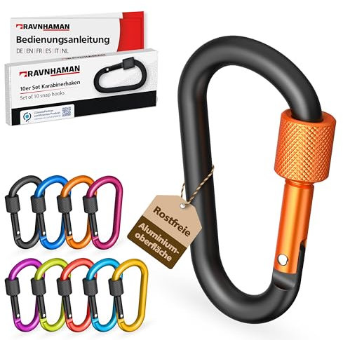 RAVN HAMAN 10 x Schraubkarabiner - Bunt - - Karabiner mit Schraubverschluss bis 30 kg - - Karabinerhaken für drinnen und draußen - - Haken für Hängematte, Boxsack, Dekoration etc.