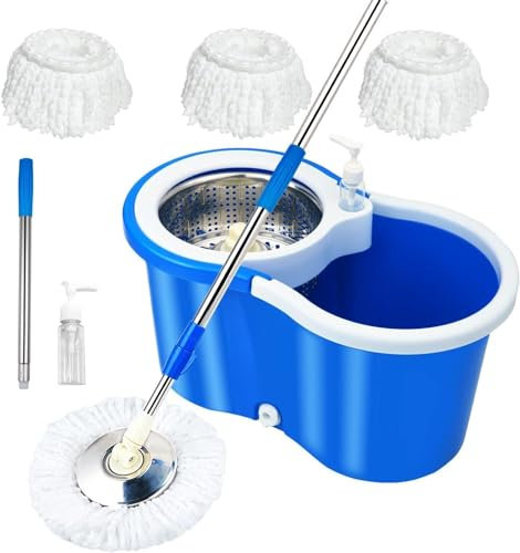 Juegos de fregona y Cubo, Cubo de fregona giratoria de 360° con Juego de escurridor, Sistema de fregona de Acero Inoxidable, 3 Cabezales de fregona de Microfibra absorbentes, para Limpieza d