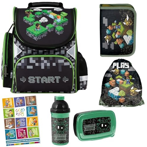 Goldkids - Cartable pour garçons et filles - Sac à dos scolaire pour enfants avec trousse - Sac à chaussures, gourde, sac de sport et cahier de devoirs - 1-3 classes, Lot de 6, 6er-set, Classique