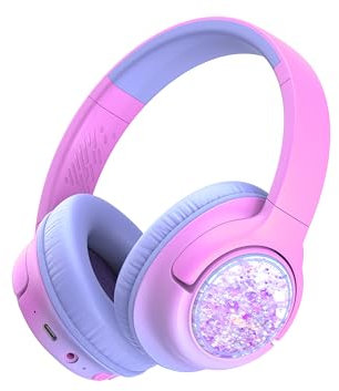iClever Casque pour enfants, avec câble, 85 dBA, volume sûr, son stéréo, casque supra-auriculaire pliable de 3,5 mm, pour iPad, tablettes, école, voyage, violet pailleté