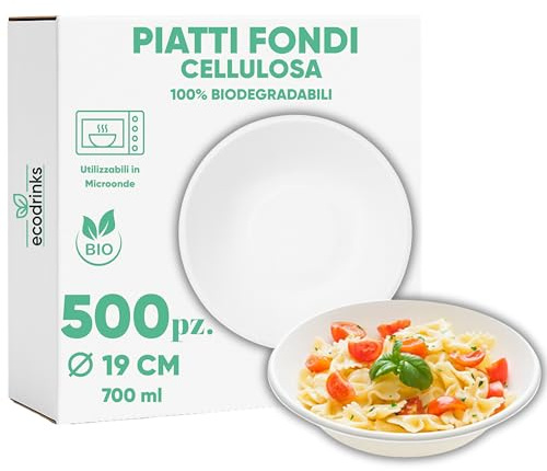 marketcaffe Set di 500 Piatti Fondi in Polpa di Cellulosa Biodegradabili e Compostabili - Eco-Friendly e Resistenti, Ideali per Eventi e Feste, 100% Biodegradabili - 19 CM