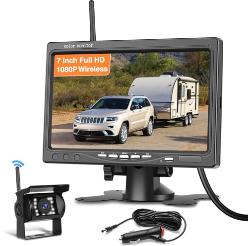Hikity 1080P Kabellos Rückfahrkamera Set mit 7 Zoll Monitor | Rückfahrkamera IP68 wasserdichte IR-Nachtsicht Auto Kamera für RV Truck Bus PKW LKW Wohnmobile 12V-36V Einfache Installation