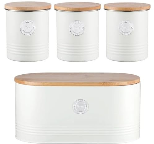 Typhoon Living Kitchen Storage Set, 4-Piece Canister Collection with Bamboo Lids, Cream White Metal Containers for Tea Coffee Sugar and Bread (Cream Set of 4)