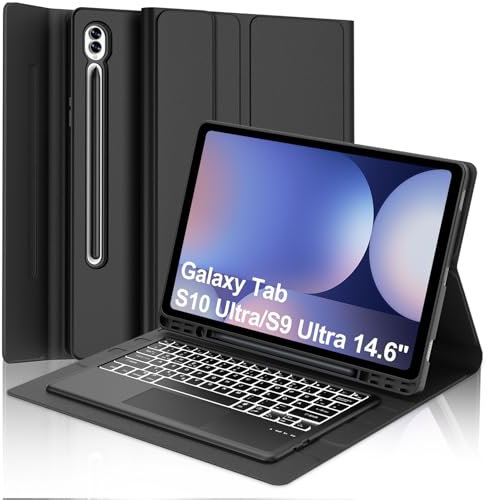 WAVATA Tastatur für Samsung Galaxy Tab S10 Ultra 2024/S9 Ultra/S8 Ultra 14.6 mit Touchpad, Hülle mit Tastatur für Samsung Tab S9 Ultra Magnetische Beleuchtung Abnehmbar QWERTZ Layout, Schwarz