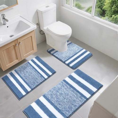 Pauwer Rutschfestes 3-teiliges Badematten- und WC-Vorleger-Set, super wasserabsorbierend, Badteppich Sets, maschinenwaschbar, Mikrofaser, zottelig, Duschbodenmatten für Badezimmer