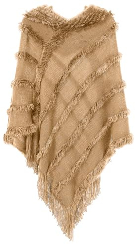Chicingyou Ponchos for Women Hooded Poncho Sweater and Cape with Fringe Fuzzy Knitted Shawl for Spring Fall Winter(Khaki)