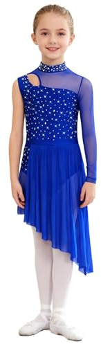 inlzdz Rhinestone Mesh Asymmetrical Figure Ice Skating Dress for Girls Kids Ballet Lyrical Dance Costumes Blue 7-8 Years