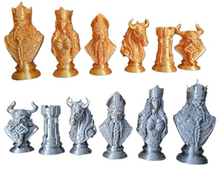 Juego de ajedrez de guerrero vikingo, esculturas de seda dorada y plateada, juego de fantasía nórdica de Znet3D (tablero no incluido) (oro y plata)