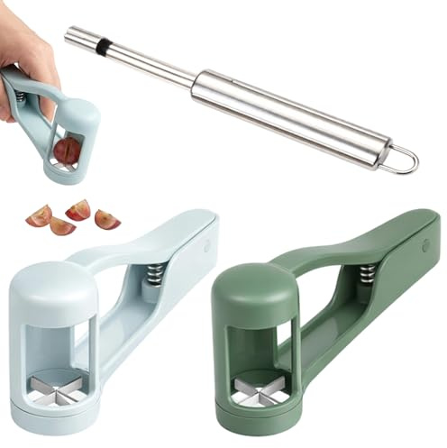 Grape Cutter and Strawberry Slicer Set, Two Fruit Cutters in Blue and Green Equipped with a 20cm Nuclear Remover, for Snack Preparation and Family Fruit Salad Making, Portable Kitchen Gadget for Daily