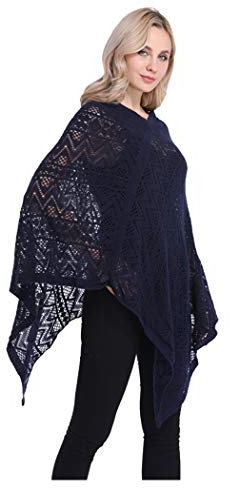 UK_Stone Poncho-Schal Damen Cape Trachtentuch Umhang Stola Schultertuch aus Acrylic Unifarbe mit Hollow Design, Marine