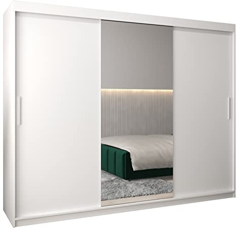 MEBLE KRYSPOL Kleiderschrank mit Spiegel Tokyo 1 - Garderobenschrank - Schrank Schlafzimmer - Mehrzweckschrank DREI Schiebetüren - Regalen - Flur Möbel - Kleiderstange Schrank - Allzweckschrank