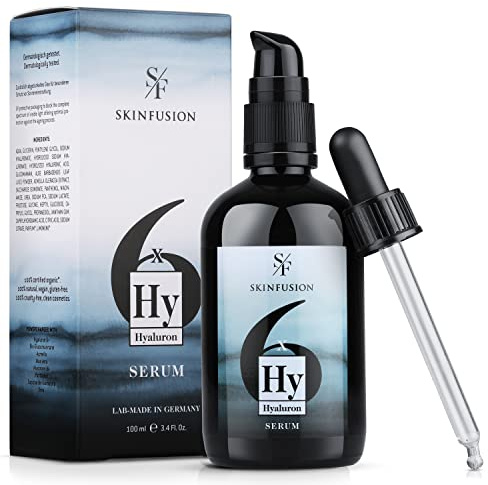 SKINFUSION 6-Fach Bio Hyaluron Serum hochdosiert 100 ml – veganer Multi-Hyaluronsäure-Komplex mit Booster-Wirkstoffen wie Bio-Glucomannan, Aloe, Urea -cleane Feuchtigkeitspflege, Leistungssieger