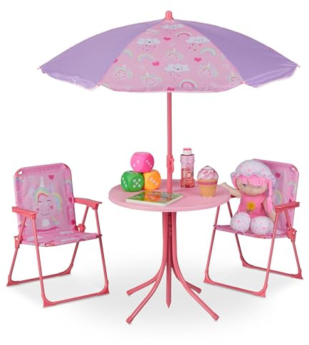 Relaxdays Camping barnstolsgrupp, barnstolsset med parasoll, fällbara stolar & bord, enhörningsmotiv, trädgård, rosa, 50% järn, 126 x 100 x 100 cm