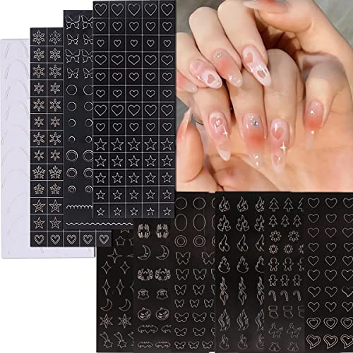 10 Sheets Airbrush Nail Stencils Stickers for Nail Art, 3D Self-Adhesive Butterfly Heart Snowflake French Design Hollow Printing Template Stencil Nail Guide Supplies for DIY Manicure Décor.
