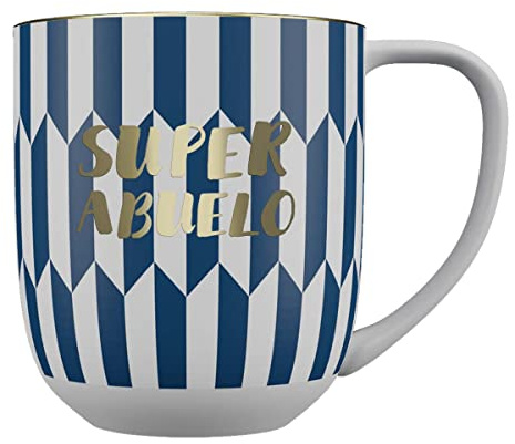 DRAEGER PARIS 1886 - Taza Cerámica Chic con Mensaje Dorado Super Abuelo - Diseño Geométrico en Azul o Rosa, 320 ml, Apta Lavavajillas, Regalo Decorativo Elegante, Caja de Lujo