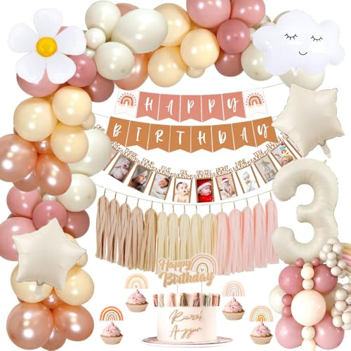 Geburtstagsdeko 3 Jahre, Boho Retro Rosa Luftballons für Deko Kindergeburtstag, 3. Geburtstag Mädchen mit Happy Birthday Banner, Folienballons 3, Papierquasten, Deko 3. Geburtstag Mädchen