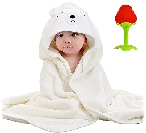 GWAWG babyhandduk med huva och 1 st U-formad tandborste, babybadhanddukar med huva, unik djurdesign babyhandduk med huva mjuk absorberande babybadhanddukar, för nyfödd baby pojke och flicka (vit)