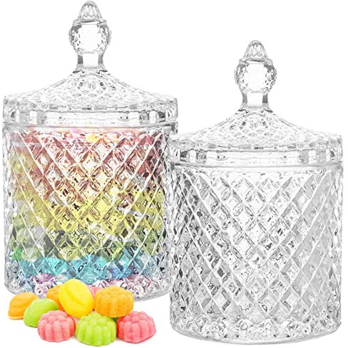 WSAMJIN 2 Stück Süßigkeiten Glas Dose Kristallglas, Bonbongeschirr mit Deckel, Dekorative Dome Shaped Aufbewahrungsgläser mit Deckel Snacks Vorratsbehälter für Party Snacks